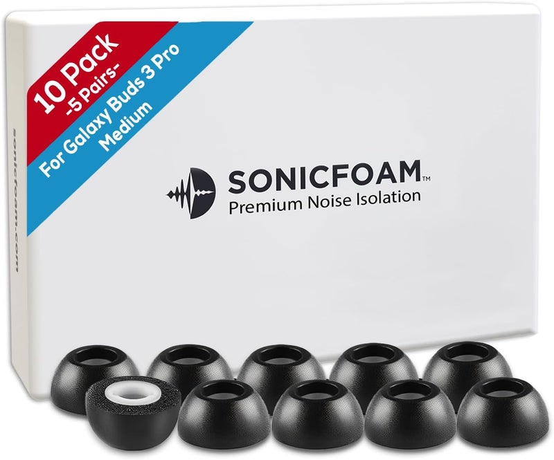 SONICFOAM أطراف قطن الذاكرة (SFBuds-3-4-Pro، الحجم المتوسط، اللون الأسود) – متوافقة مع سماعات Buds 3 و4 Pro؛ عبوة تحتوي على 10 أزواج - Image 1