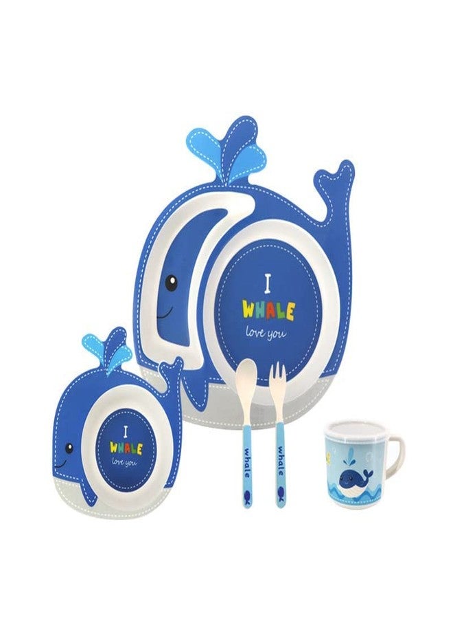 TORIOX طقم عشاء للأطفال من توريوكس، مصنوع من ألياف الخيزران الصديقة للبيئة، يتضمن طبقًا وملعقة وشوكة وعيدان طعام، 5 قطع (متعدد الألوان) (حوت) - Image 1