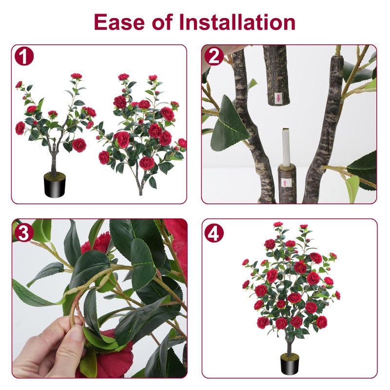 MHMJON 3.6FT Artificial Camellia Fake Tree, Artificial Plants & Flowers with 32 Red Flowers for Door Front Decoration Porch Patio Living Room Office Indoor Outdoor Decor (2PCS Contains Dried Moss) - Image 3