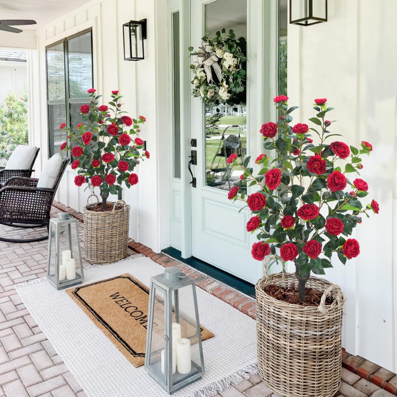 MHMJON 3.6FT Artificial Camellia Fake Tree, Artificial Plants & Flowers with 32 Red Flowers for Door Front Decoration Porch Patio Living Room Office Indoor Outdoor Decor (2PCS Contains Dried Moss) - Image 5