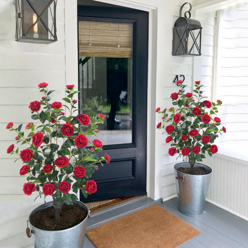 MHMJON 3.6FT Artificial Camellia Fake Tree, Artificial Plants & Flowers with 32 Red Flowers for Door Front Decoration Porch Patio Living Room Office Indoor Outdoor Decor (2PCS Contains Dried Moss) - Image 4