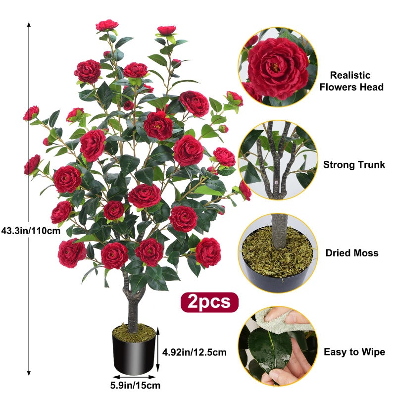 MHMJON 3.6FT Artificial Camellia Fake Tree, Artificial Plants & Flowers with 32 Red Flowers for Door Front Decoration Porch Patio Living Room Office Indoor Outdoor Decor (2PCS Contains Dried Moss) - Image 2