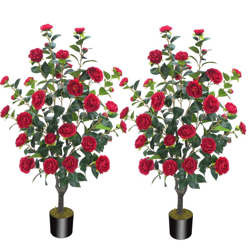 MHMJON 3.6FT Artificial Camellia Fake Tree, Artificial Plants & Flowers with 32 Red Flowers for Door Front Decoration Porch Patio Living Room Office Indoor Outdoor Decor (2PCS Contains Dried Moss) - Image 1