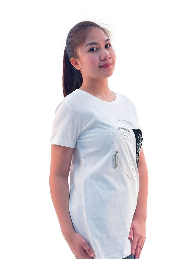 JOANNA W203011 Women's Lady Face Print Round Neck Short Sleeve T-Shirt - White - Image 2