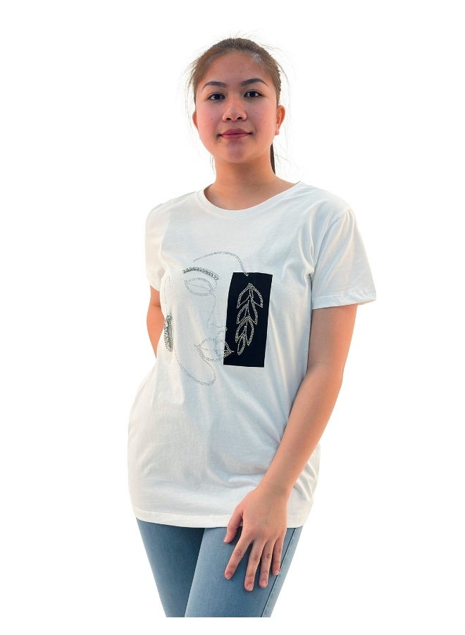 JOANNA W203011 Women's Lady Face Print Round Neck Short Sleeve T-Shirt - White - Image 1