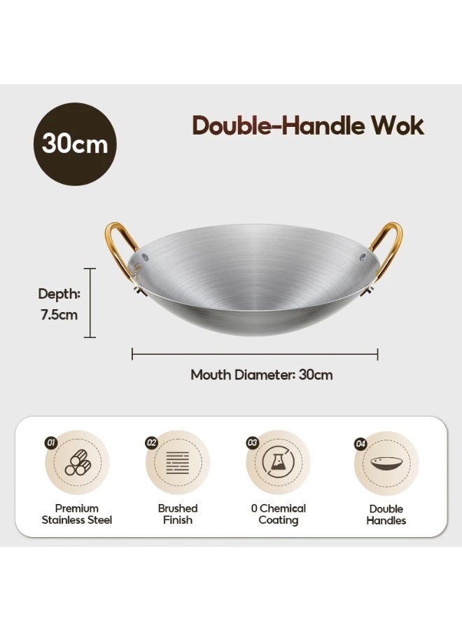 MODOFO 30CM Stainless Steel Double Ear Wok | Large Non-Stick Frying Pan | Kitchen Use - Image 1