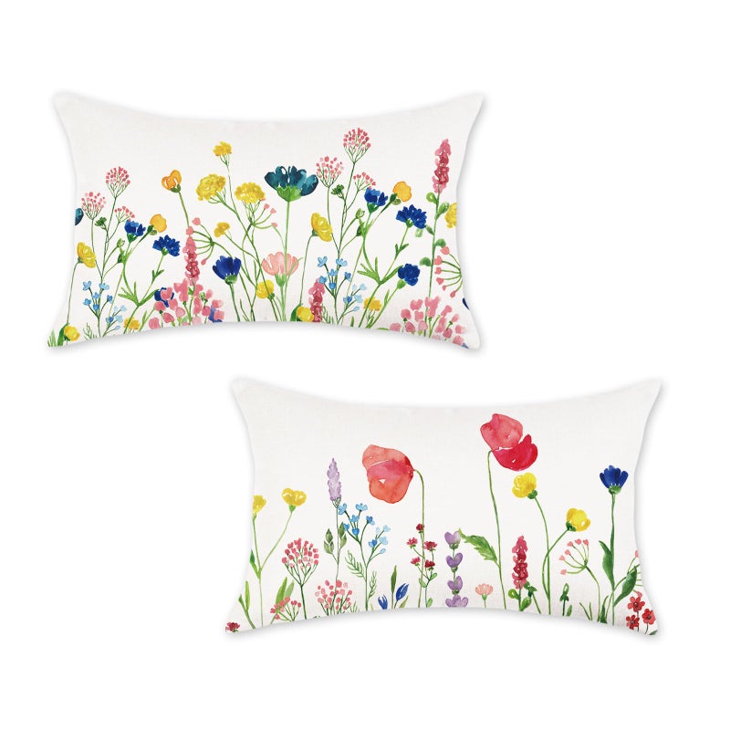 ONWAY Spring Lumbar Pillow Covers 12x20 Floral Flowers Decorations Farmhouse Colorful Outdoor Living Room Cushion Case for Sofa Couch Home Bed Pack of 2