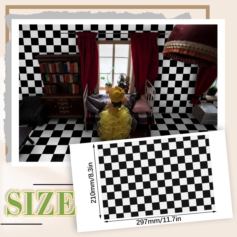 Flutesan 12 Pcs Miniature Dollhouse Wallpaper and Flooring Peel and Stick Mini DIY Self Adhesive Dollhouse Accessories 8.27 x 11.69 Inch (Check Pattern) - Image 2