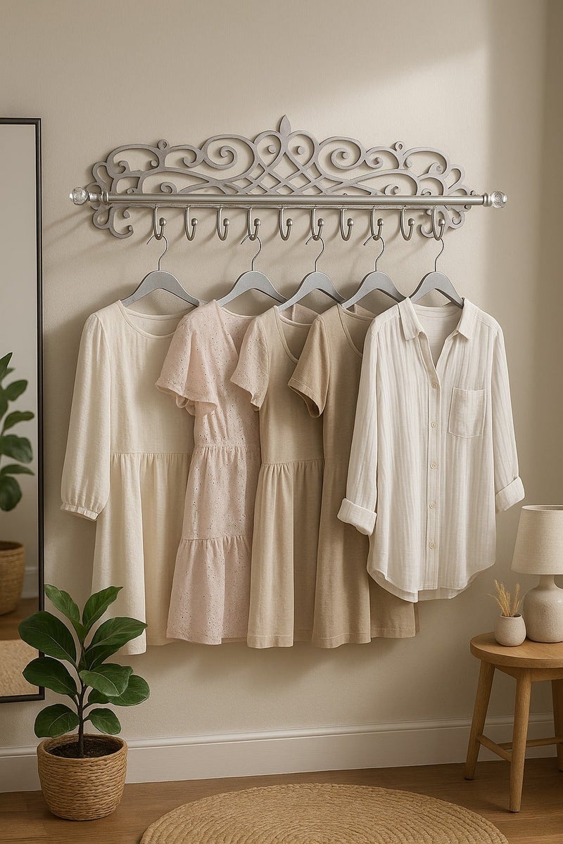 Luxury Wall Mounted Clothes Rack with Ornaments - 10 Hangers - Elegant Metallic Silver