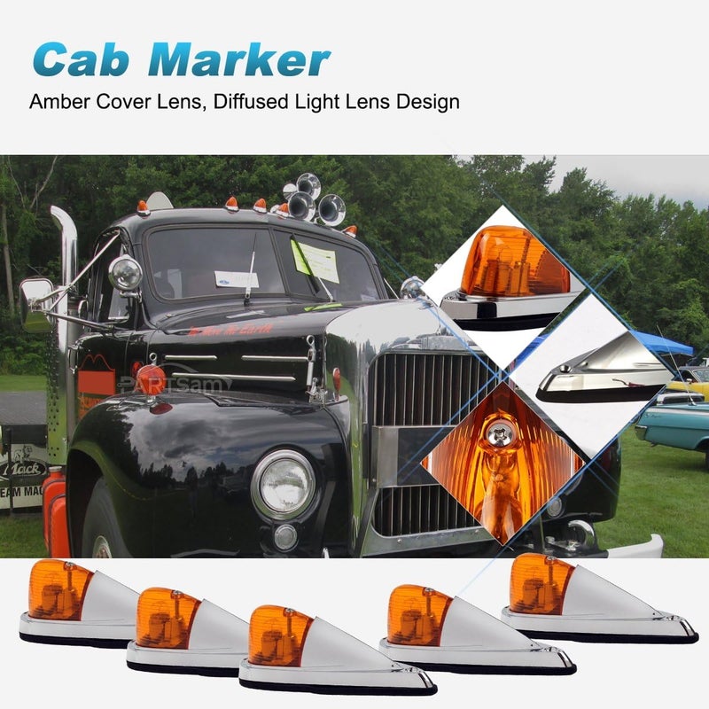 Partsam 5X Amber Cab Marker Top Roof Running Lights Kit - Universal Teardrop Style for Trucks - Image 5