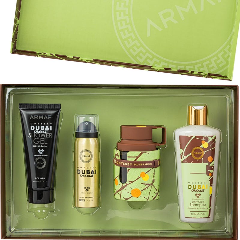 Armaf Perfumes Odyssey Dubai Chocolat Gourmand 4 Pieces Gift Set For Men, Eau De Parfum 100ml, Body Spray 50ml, Hair Shampoo 250ml, Shower Gel 100ml, Long Lasting Fragrance With Chocolate & Pistachio - Image 1