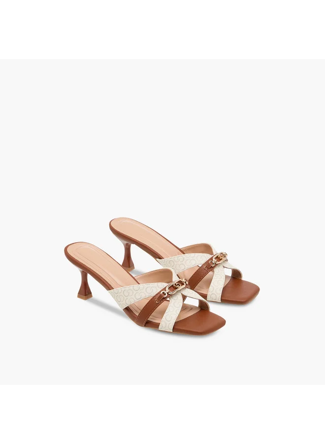 Celeste Women's Monogram Print Slip-On Cross Strap Sandals with Kitten Heels