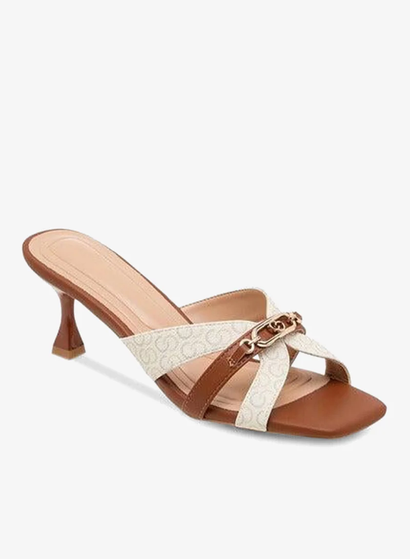 سيليست صنادل نسائية سليب أون بكعب ميني بطبعة شعار الماركة وأشرطة متقاطعة