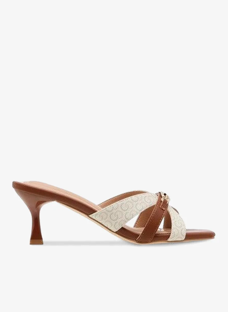 سيليست صنادل نسائية سليب أون بكعب ميني بطبعة شعار الماركة وأشرطة متقاطعة