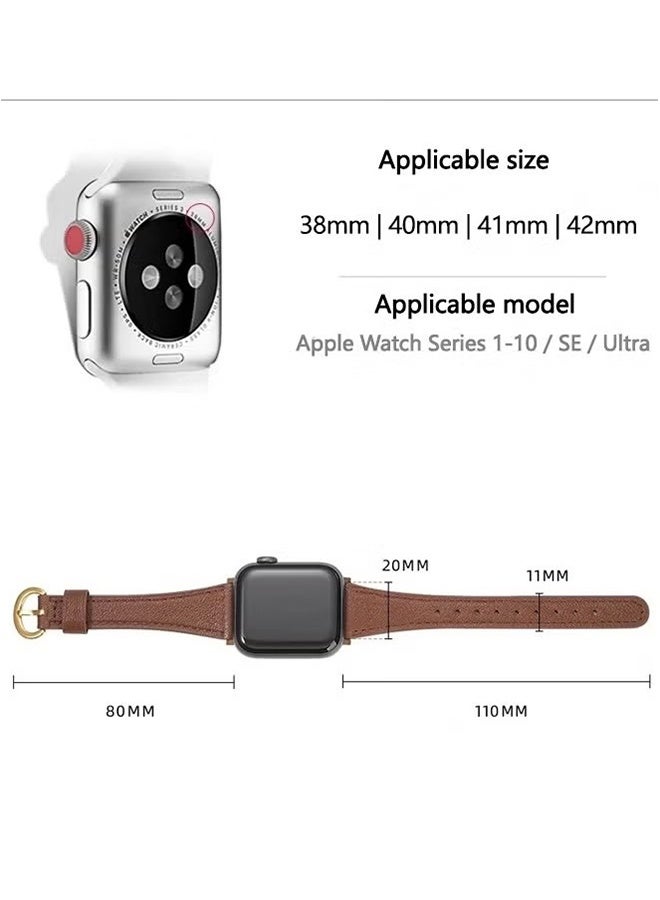 Leather Band Compatible with Watch Band 38mm 40mm 41mm 42mm, Top Grain Genuine Leather Strap Thin Watch Wristband for iWatch Series 10 9 8 7 6 5 4 3 2 1 SE Ultra 2, Brown - Image 2