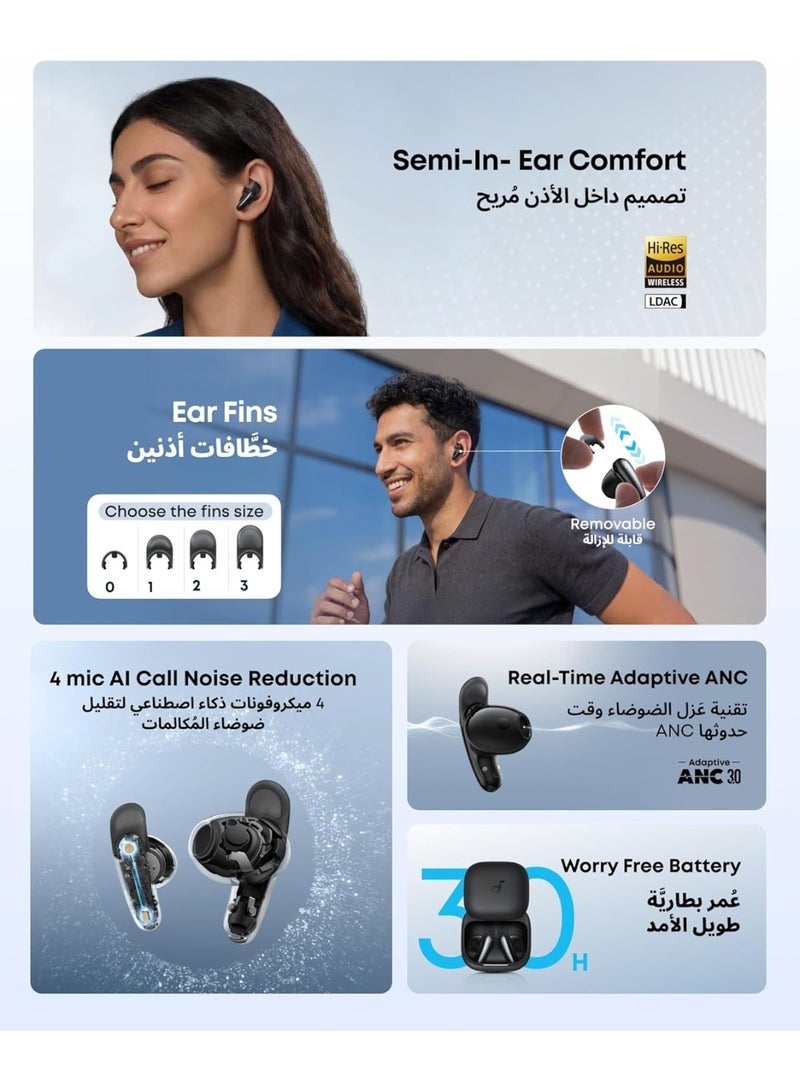 soundcore Liberty Buds by Anker, Semi-In-Ear Design, Removable Ear Fins, Real-Time Adaptive Noise Cancelling, Fast Charging, Wireless Bluetooth Earbuds,Translation Earbuds, 30H Playtime Black - Image 2