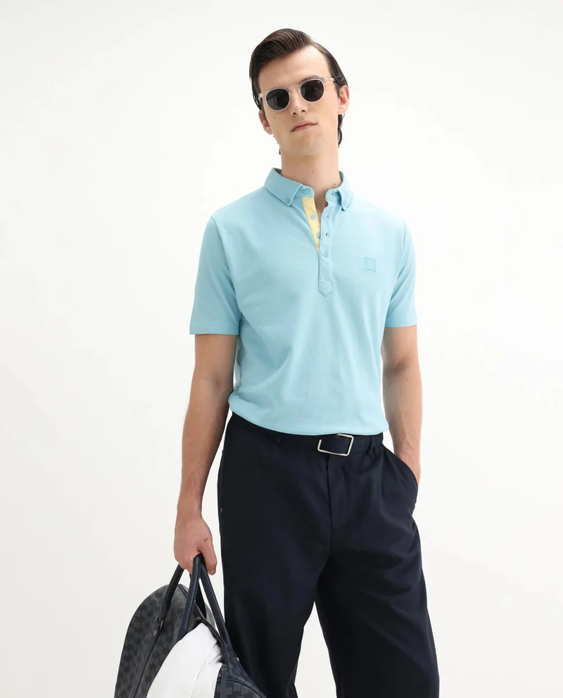 Rare Rabbit Rare Rabbit Men's Herval Light Blue Cotton Fabric Collared Neck Half Sleeves Polo T-Shirt