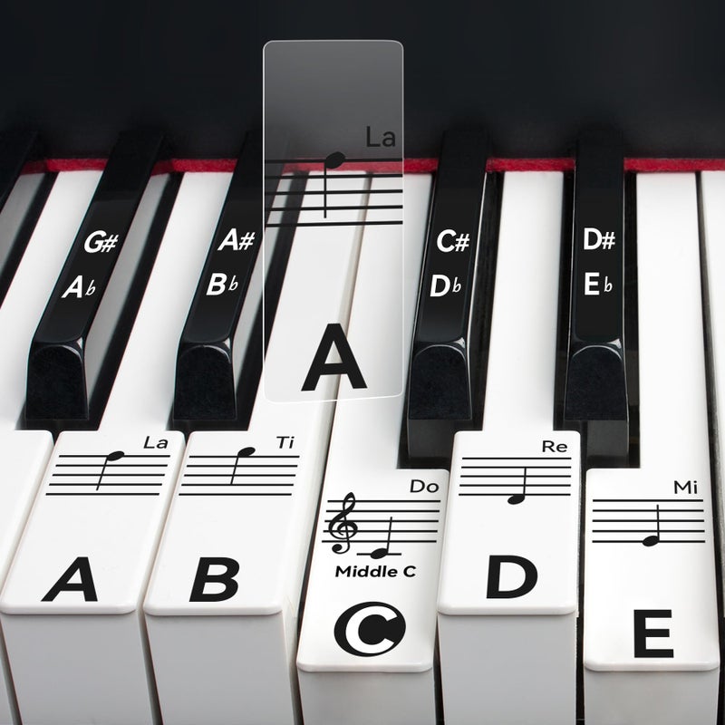 runzoos 2 Sheets Piano Keyboard Stickers for 88/76/61/54/49 Keys, Transparent and Removable Piano Stickers for Beginners and Kids, Keyboard Letters Labels Notes Guide (Black) - Image 1