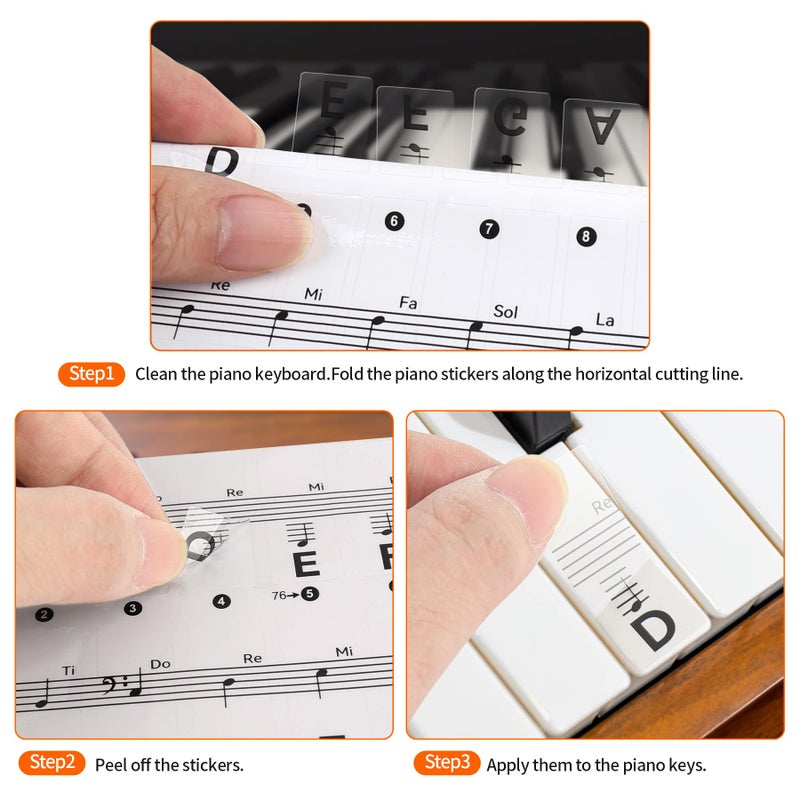runzoos 2 Sheets Piano Keyboard Stickers for 88/76/61/54/49 Keys, Transparent and Removable Piano Stickers for Beginners and Kids, Keyboard Letters Labels Notes Guide (Black) - Image 5