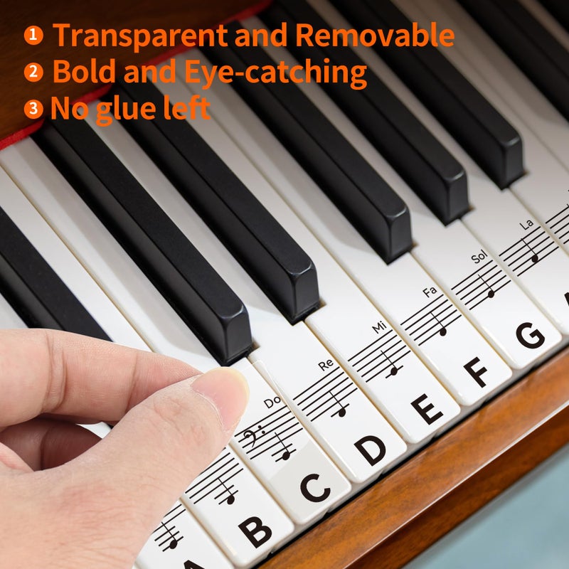 runzoos 2 Sheets Piano Keyboard Stickers for 88/76/61/54/49 Keys, Transparent and Removable Piano Stickers for Beginners and Kids, Keyboard Letters Labels Notes Guide (Black) - Image 4