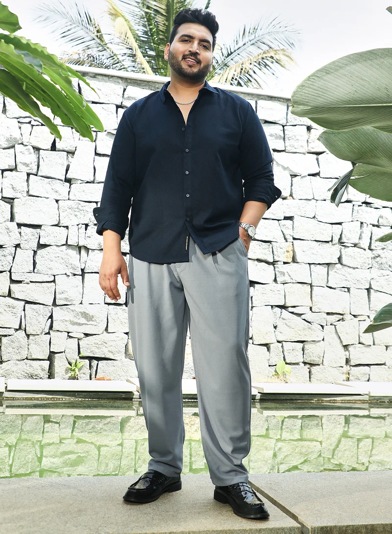 Instafab Plus Instafab Plus Men's Coin Grey Micro-Waffle Chino Trousers For Casual Wear | Mid-Rise | Regular Fit | Drawstring Closure | Plus Size Trousers Crafted With Comfort Fit For Everyday Wear