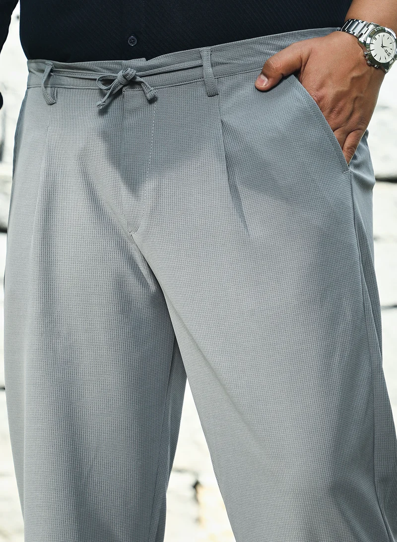 Instafab Plus Instafab Plus Men's Coin Grey Micro-Waffle Chino Trousers For Casual Wear | Mid-Rise | Regular Fit | Drawstring Closure | Plus Size Trousers Crafted With Comfort Fit For Everyday Wear