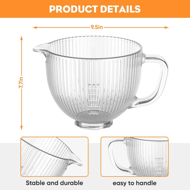Cofun Glass Mixer Bowl for Kitchenaid Tilt-Head Stand Mixers 4.5-5 Quart, 5 qt Mixing Bowl Replacement for Kitchen aid with Measurement Markings,Handle - Image 4