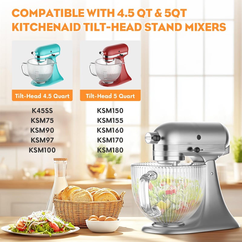 Cofun Glass Mixer Bowl for Kitchenaid Tilt-Head Stand Mixers 4.5-5 Quart, 5 qt Mixing Bowl Replacement for Kitchen aid with Measurement Markings,Handle - Image 3