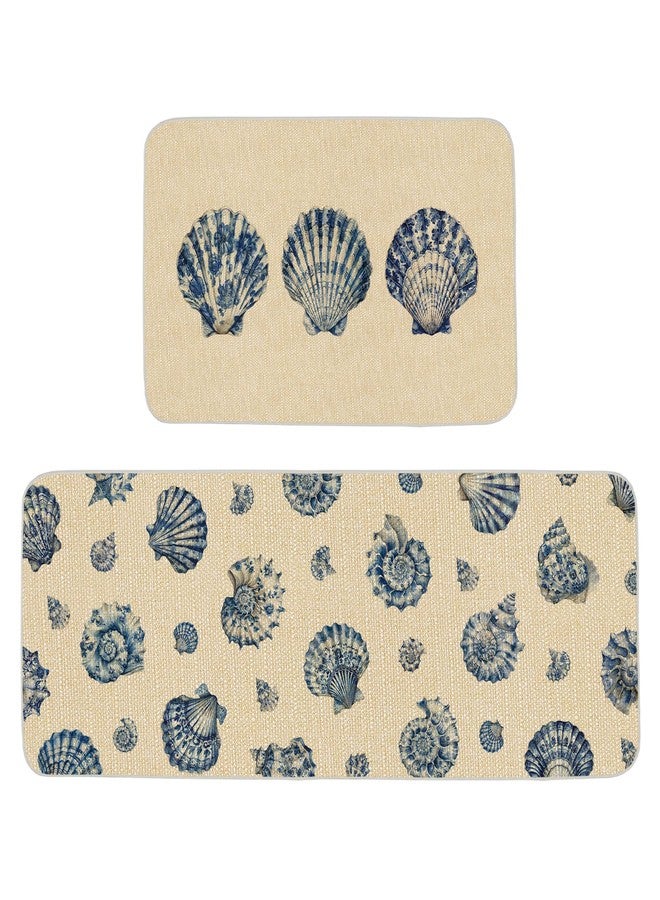 ONWAY Summer Coastal Kitchen Rugs Set of 2 Non Slip Beach Seashell Kitchen Mat Set Washable Nautical Ocean Floor Mats Runner for Sink Kitchen Laundry Room Home Decor - Image 1