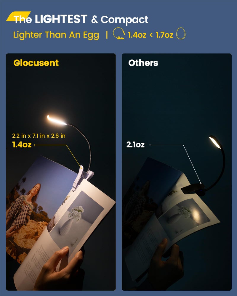 Glocusent Willow Book Light for Reading in Bed, 10LED Bright Reading Light, 3 Colors & 3 Brightness, Rechargeable ,Lasts for 80hr, Lightweight Clip on Book Light, Perfect for Book Lovers - Image 5