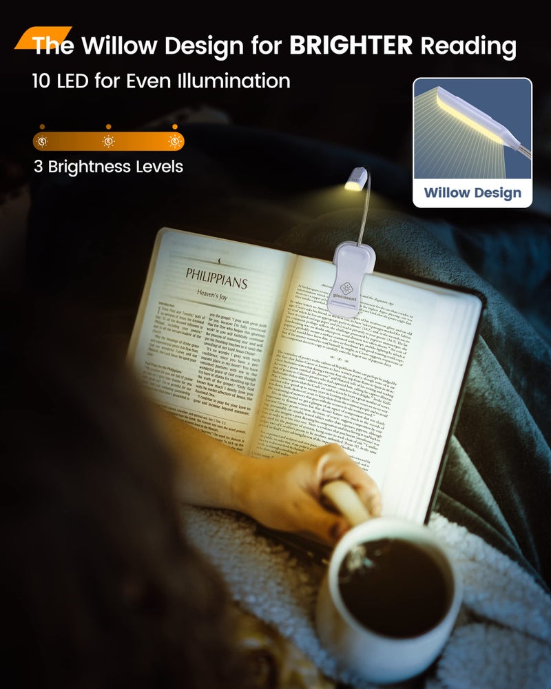Glocusent Willow Book Light for Reading in Bed, 10LED Bright Reading Light, 3 Colors & 3 Brightness, Rechargeable ,Lasts for 80hr, Lightweight Clip on Book Light, Perfect for Book Lovers - Image 2