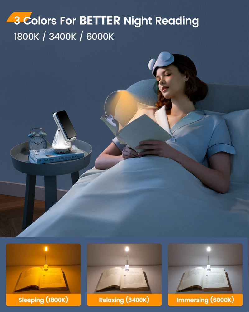 Glocusent Willow Book Light for Reading in Bed, 10LED Bright Reading Light, 3 Colors & 3 Brightness, Rechargeable ,Lasts for 80hr, Lightweight Clip on Book Light, Perfect for Book Lovers - Image 3