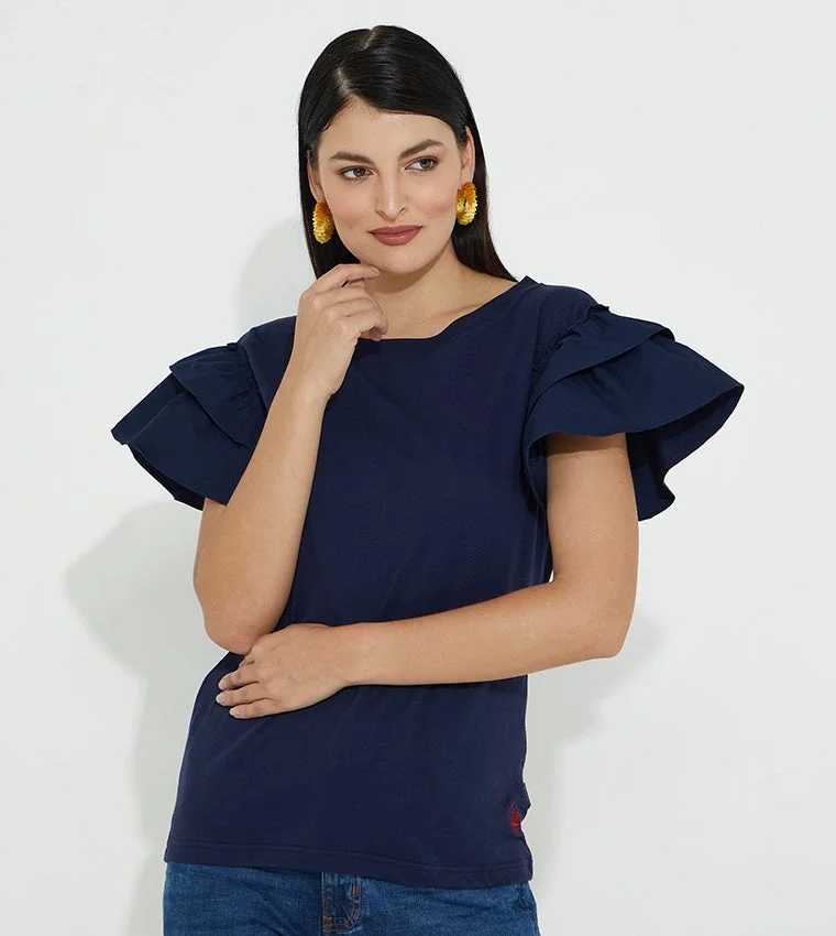 Crew-Neck T-shirt with Ruffled Sleeves