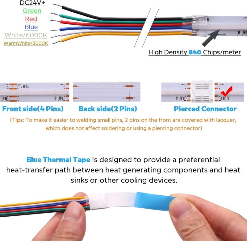 protium Ultra Bright DC24V 840L/m RGBCW COB Strip. Flexible RGB+CCT Color Strip (FCOB), (Without Controller and Without Power Supply) PRMS060P51 - Image 2