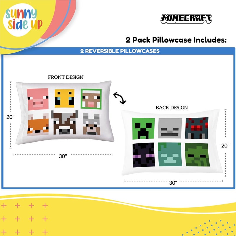 Sunny Side Up Minecraft Mobs & Animals 2 Pack Reversible Pillowcases - Double Sided Pillow Covers, Kids Super Soft Creeper Bedding - Image 3