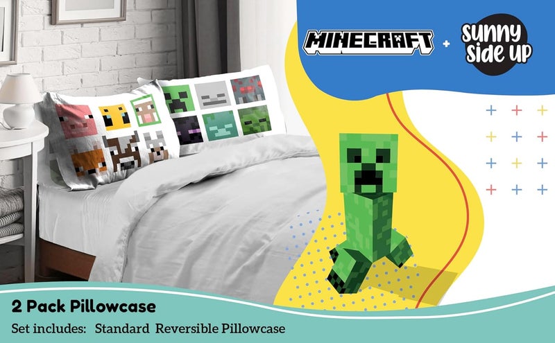 Sunny Side Up Minecraft Mobs & Animals 2 Pack Reversible Pillowcases - Double Sided Pillow Covers, Kids Super Soft Creeper Bedding - Image 2