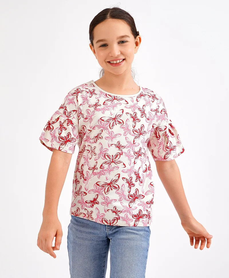 Primo Gino Primo Gino Half Sleeves Cotton T-shirt Butterfly Print - Peach