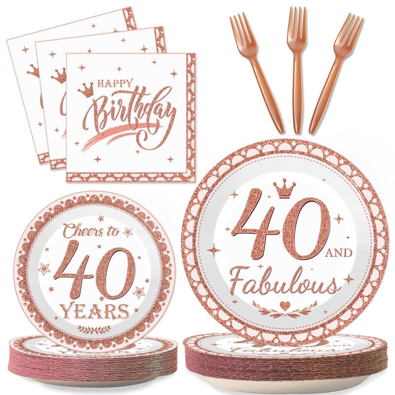 Wiooffen 40th Birthday Decorations Plates and Napkins for Women Rose Gold Party Supplies 40 and Fabulous Happy Birthday Tableware Set Cheers to 40 Years Old Party Table Decors for Her Girl 24 Guests