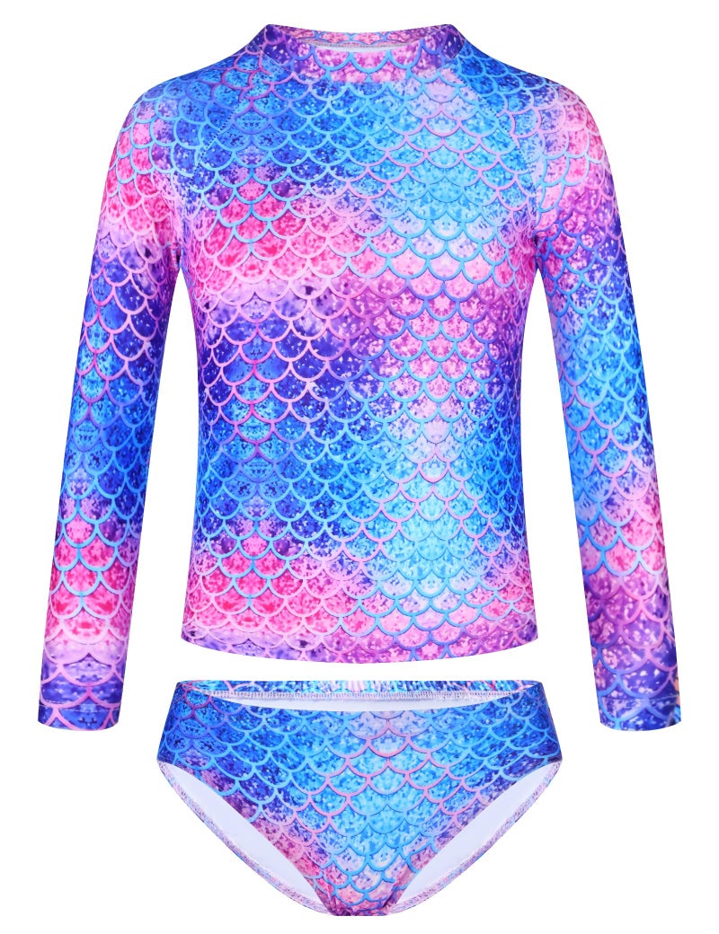 TENVDA Girls Swimsuit Size 5-6 Years Old Pink Blue Mermaid Scale 2-Piece Long Sleeve Rash Guard Swimwear Bathing Suits - Image 1