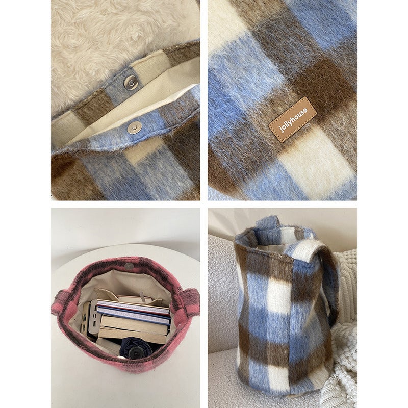 Maillard Bag Women'S All-Match Woolen Plaid Shoulder Bag Vintage Plush Large Capacity Bucket Bag - Image 5