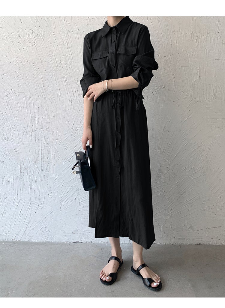 Generic - Slimming Casual Midi Shirt Dress Black - Image 1