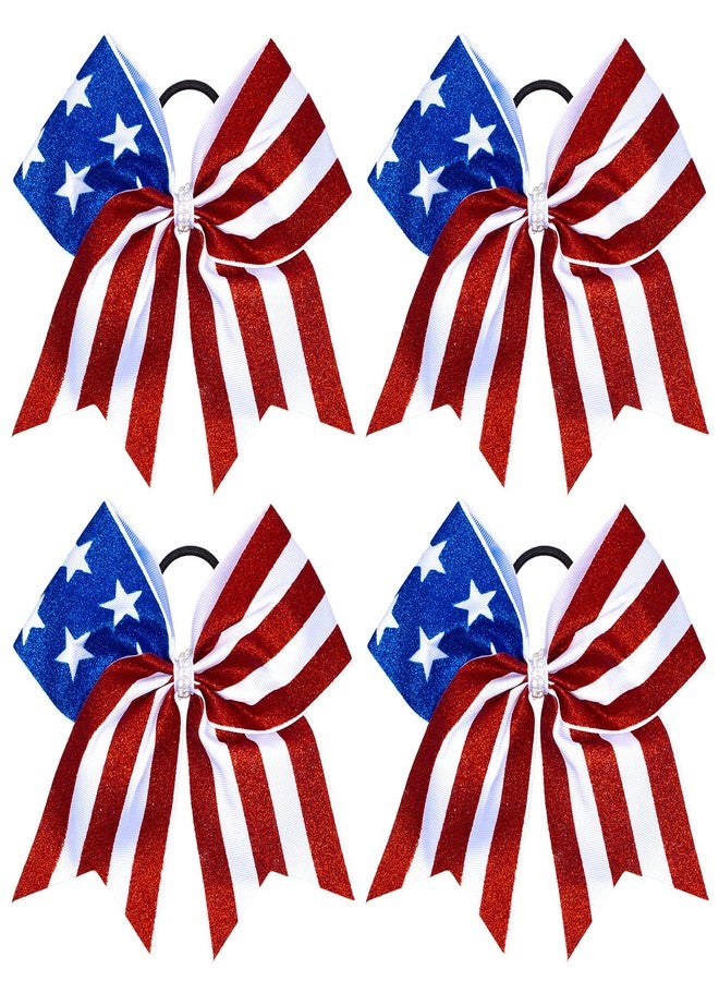 Whaline 4th of July Glitter Cheer Hair Bows 8 Inch Patriotic Cheerleader Hair Bows with Elastic Ponytail Holder Stars and Stripes Hair Tie Band Independence Day Hair Accessories for Teens, 4Pcs - Image 1