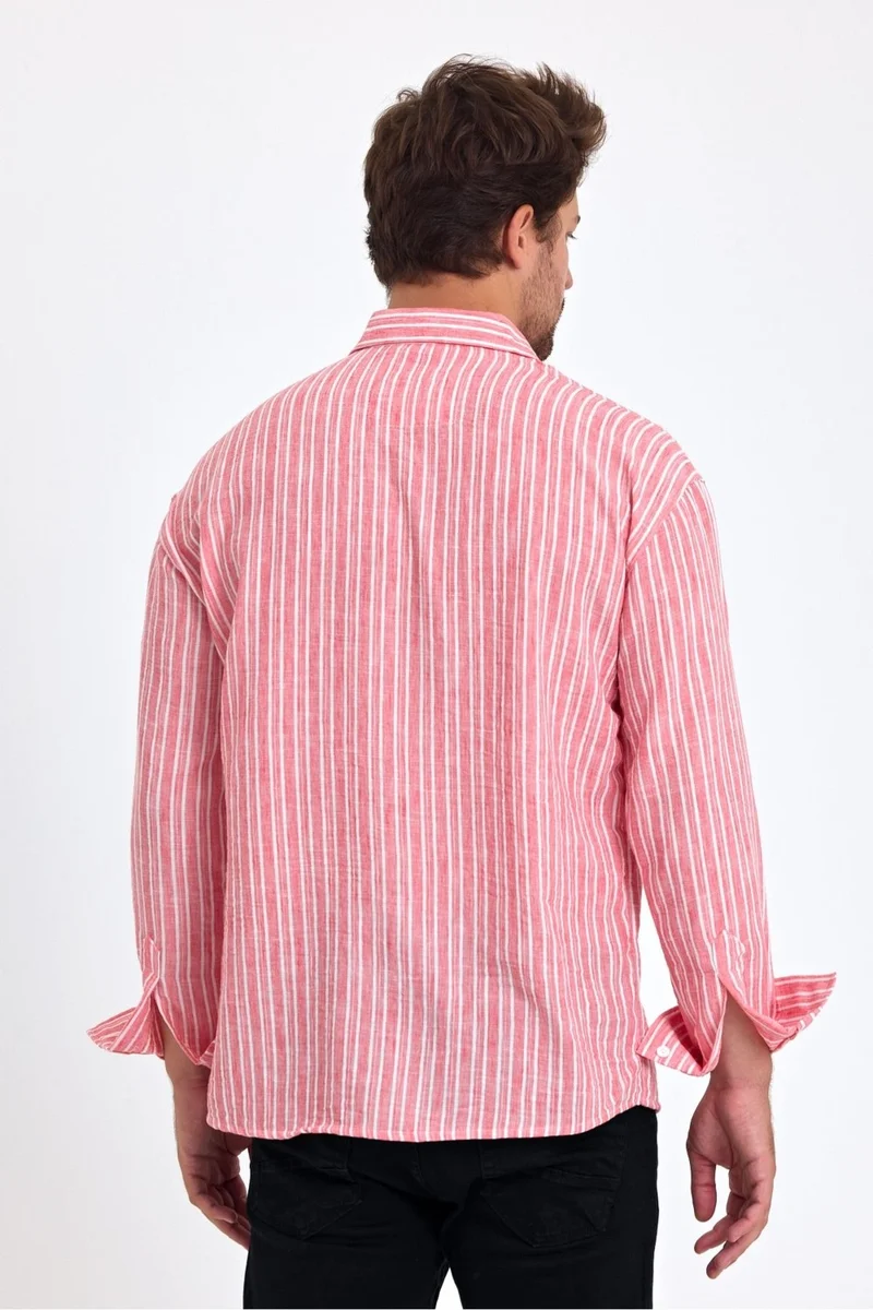 كوول تارز Cool Style Men's Classic Fit Regular Cut Long Sleeve Cotton Linen Texture Folded Sleeve Striped Shirt