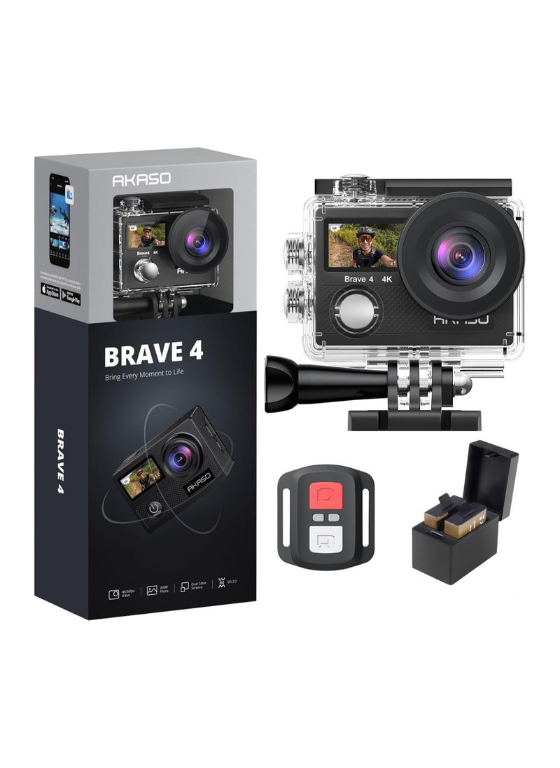 Akaso AKASO Brave 4 4K WiFi Action Camera 20MP Ultra HD with EIS 30m Underwater Waterproof Camera Remote Control 5X Zoom Video Camcorder with 2 Batteries and Accessories Kit ,Black  - Image 1