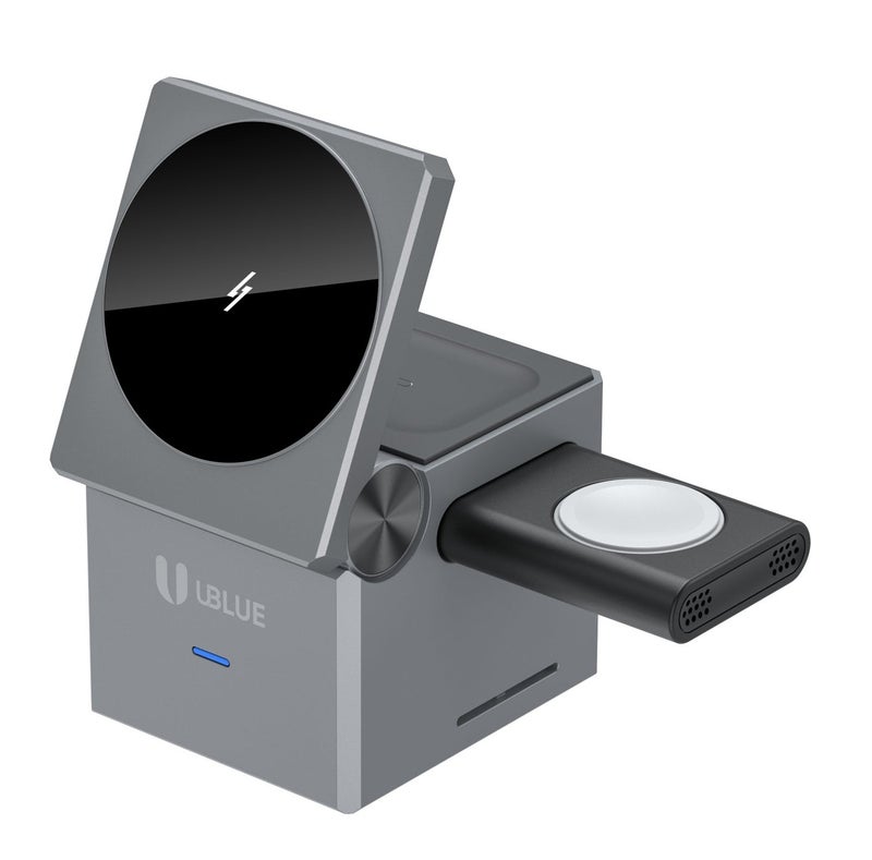 يوبلو شاحن لاسلكي UBLUE 3 في 1، محطة شحن، طاقة إجمالية 15 واط كحد أقصى، مدخل USB-C، 5-9 فولت/2.2 أمبير كحد أقصى، أسود اللون، متوافق مع أجهزة iPhone/Earpods/Apple Watch - Image 2