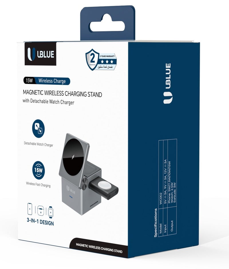 يوبلو شاحن لاسلكي UBLUE 3 في 1، محطة شحن، طاقة إجمالية 15 واط كحد أقصى، مدخل USB-C، 5-9 فولت/2.2 أمبير كحد أقصى، أسود اللون، متوافق مع أجهزة iPhone/Earpods/Apple Watch - Image 3