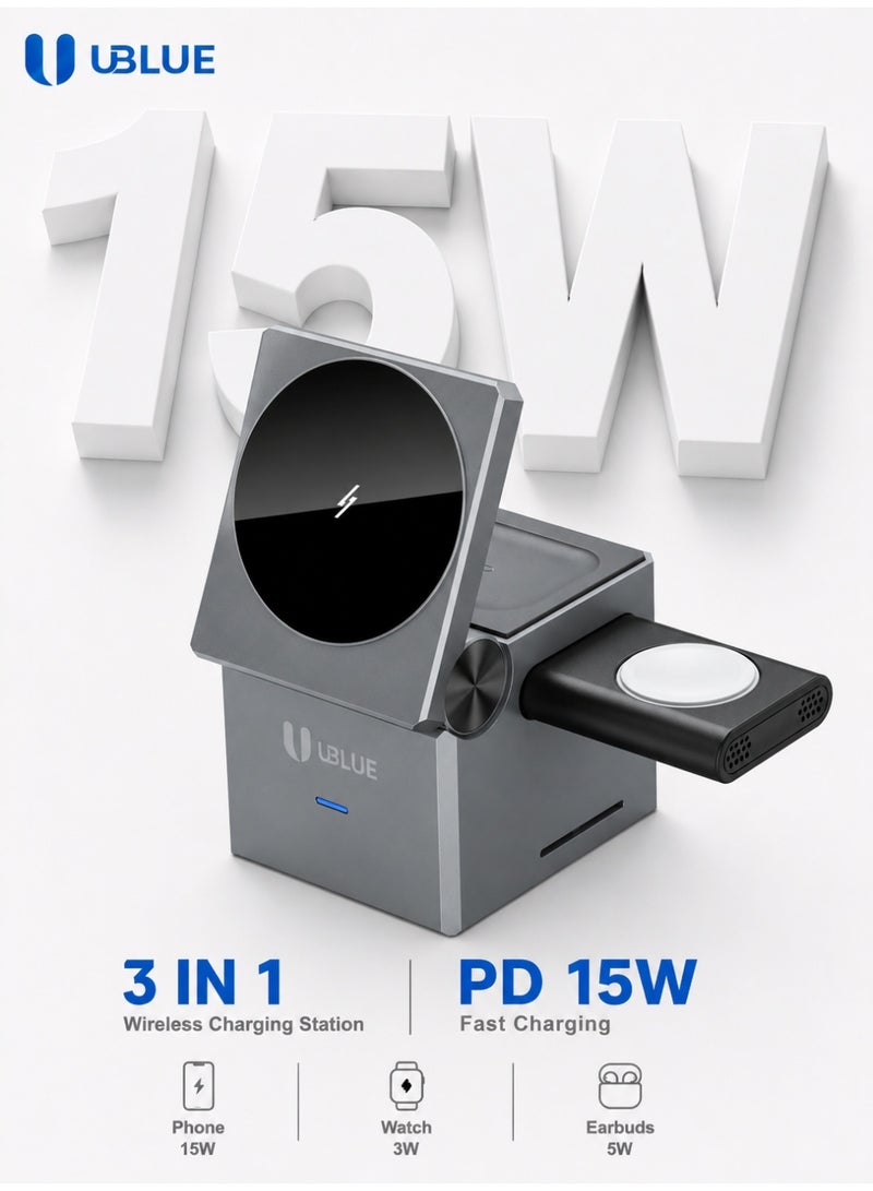 يوبلو شاحن لاسلكي UBLUE 3 في 1، محطة شحن، طاقة إجمالية 15 واط كحد أقصى، مدخل USB-C، 5-9 فولت/2.2 أمبير كحد أقصى، أسود اللون، متوافق مع أجهزة iPhone/Earpods/Apple Watch - Image 1