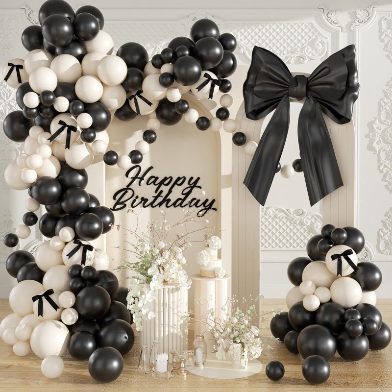 LANGASQUE Black Sand White Balloon Garland Arch Kit, Coquette Birthday Decorations 158Pcs Black Bow Long Balloons Sand White Balloons Different Size for Wedding Bridal Engagement Bachelorette Party Decorations - Image 1
