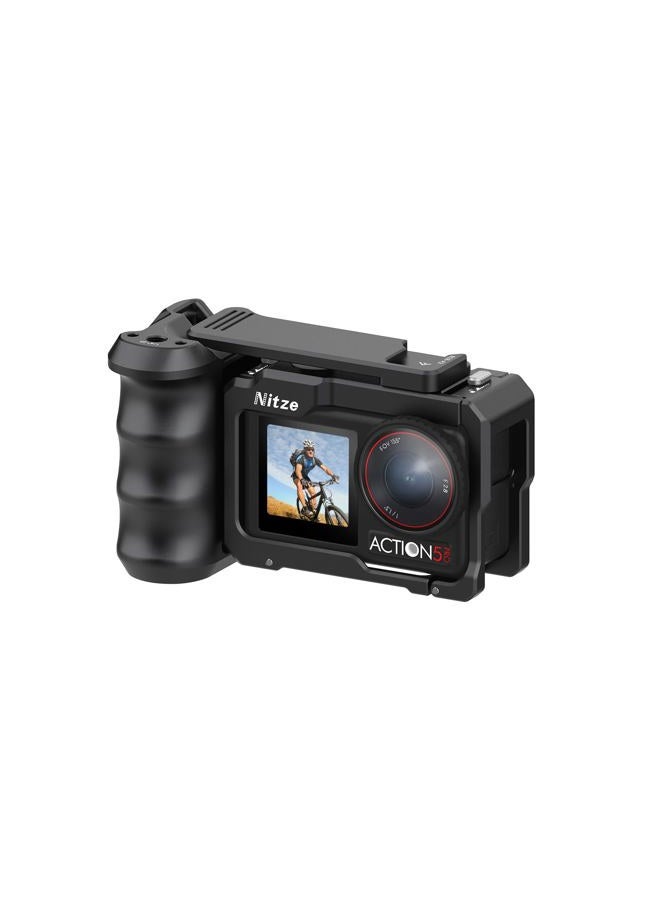 Nitze Xplorer Grip Kit for DJI Osmo Action 5 Pro/Action 4/Action 3, Aluminum Camera Cage with Ergonomic Side Grip, Wrist Strap and Cold Shoe Shutter - T-D04B - Image 1