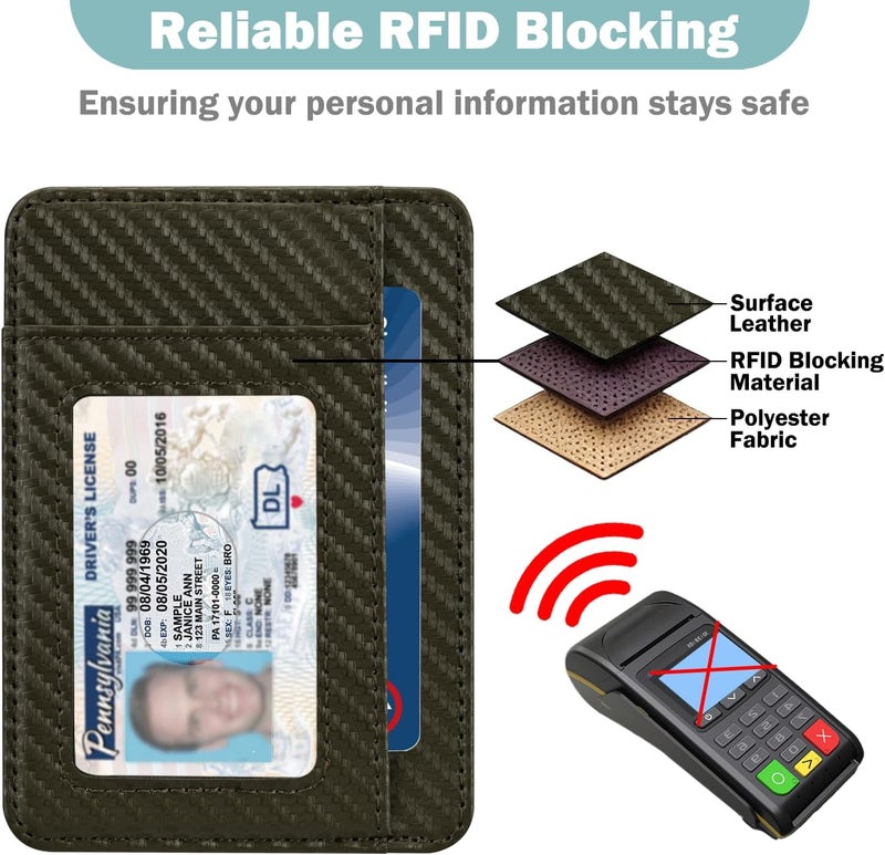 Hot Cool Slim Wallet for Men, Minimalist Front Pocket Simple Leather Credit Card Holder RFID Blocking for Men & Women, Thin Organizer Gifts, Carbon Fiber - Gray - Image 4